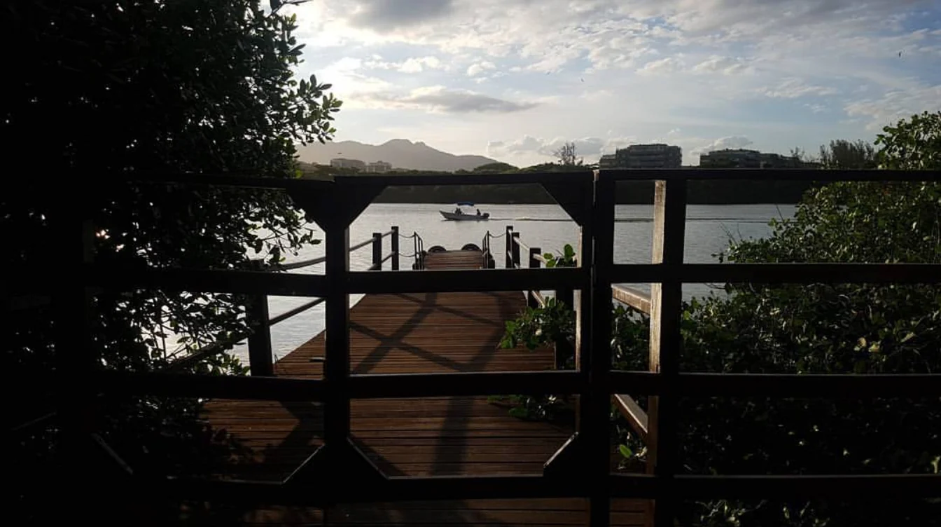 Wooden dock stretching into a lagoon with a small boat in the distance