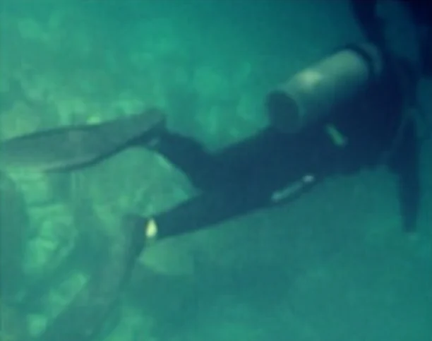 Diver underwater with fins and a tank