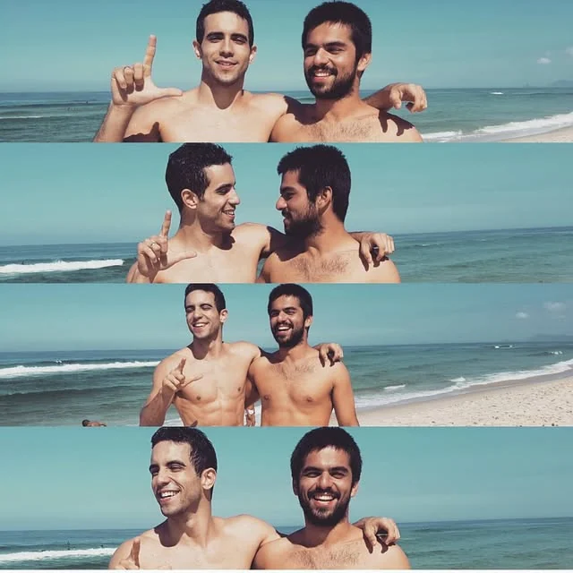 Four frames of Raphael and a friend laughing together at the beach